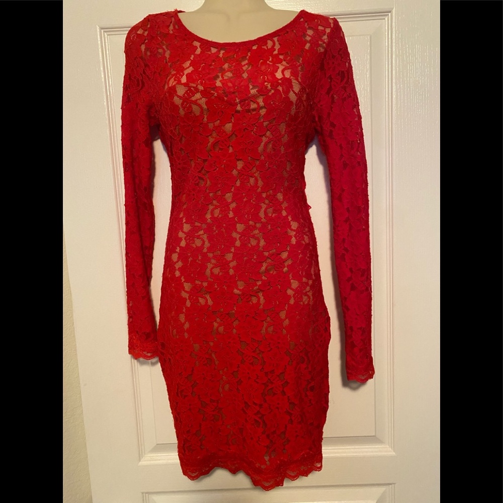 Red lace with khaki covering underneath. Express brand lightly worn.